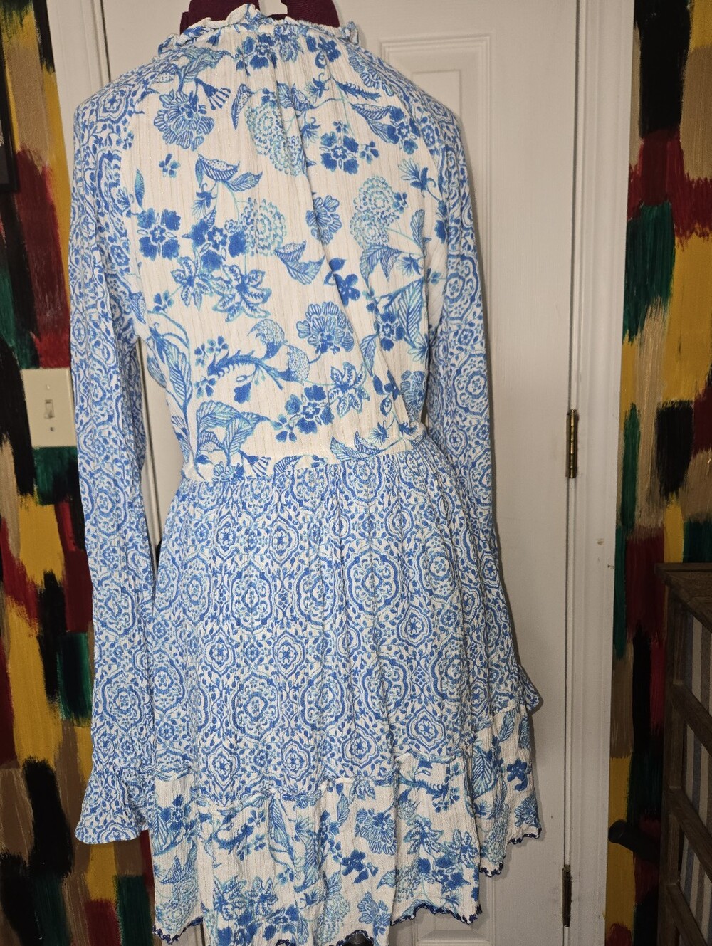 House Of Harlow 1960 Long Sleeve XS Blue Floral Midi Tiered Dress - Picture 2 of 10